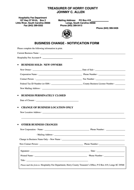 Business Change - Notification Form Printable pdf