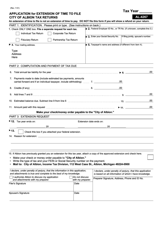 Form Al-4267 - Application For Extension Of Time To File City Of Albion Tax Returns Printable pdf