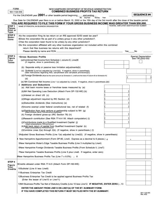 Form Nh-1120-We - Combined Business Profits Tax Return 2001 Printable pdf