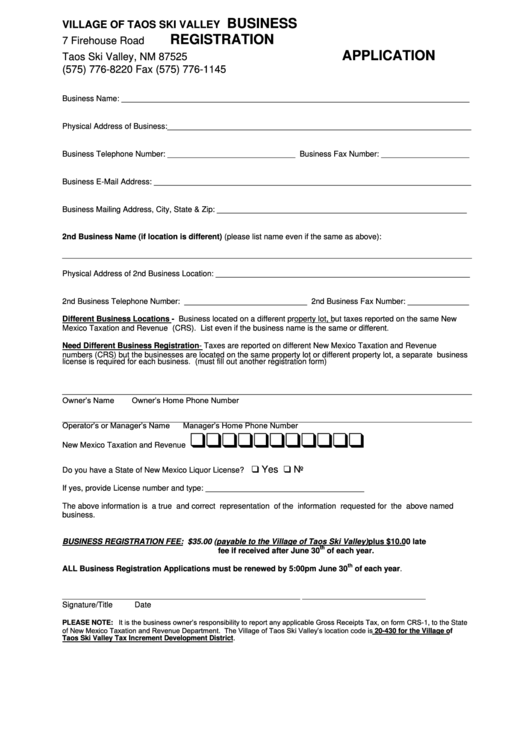 Business Registration Form - The Village Of Taos Ski Valley Printable pdf