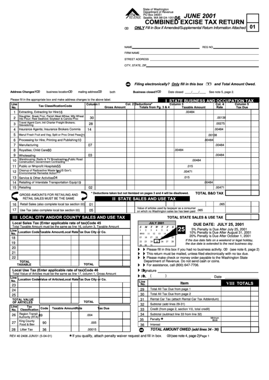 Combined Excise Tax Return Form - June 2001 Printable pdf