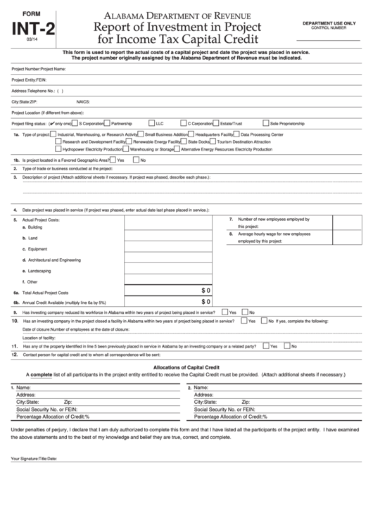 Fillable Form Int-2 - Report Of Investment In Project For Income Tax Capital Credit Printable pdf