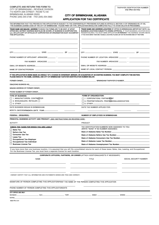 Form 523 - Application For Tax Certificate Printable pdf