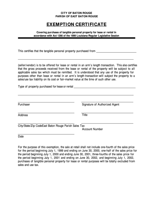 Exemption Certificate - 1999 - City Of Baton Rouge Parish Of East Baton Rouge Printable pdf
