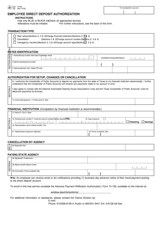 Fillable Form 74-158 - Employee Direct Deposit Authorization - 2009 Printable pdf