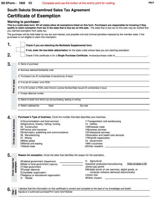 Fillable Sd Eform 1932 V2 - South Dakota Streamlined Sales Tax Agreement - Certificate Of Exemption Printable pdf