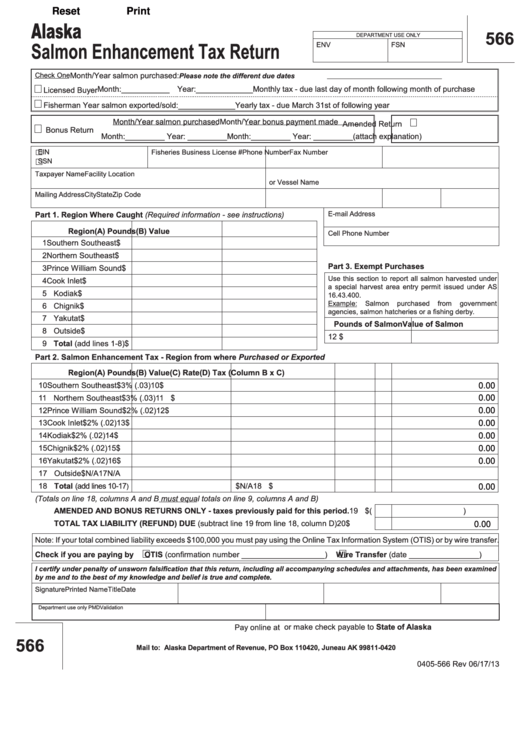 Fillable Form 0405-566 - Salmon Enhancement Tax Return Printable pdf