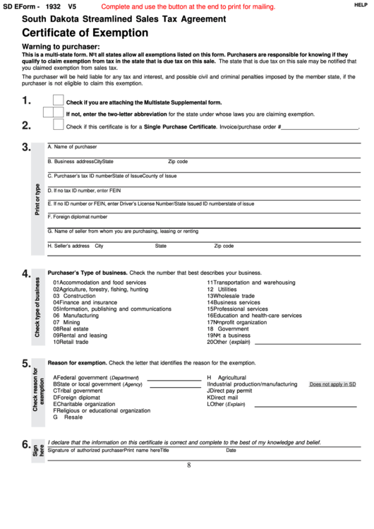 Fillable Sd Eform 1932 V5 - South Dakota Streamlined Sales Tax Agreement - Certificate Of Exemption Printable pdf