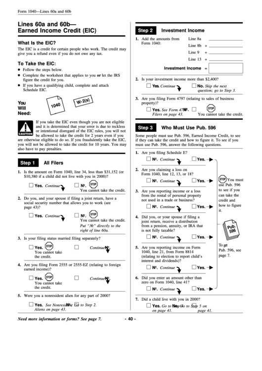 Form 1040 - Lines 60a And 60b - Earned Income Credit (Eic) Instruction Printable pdf