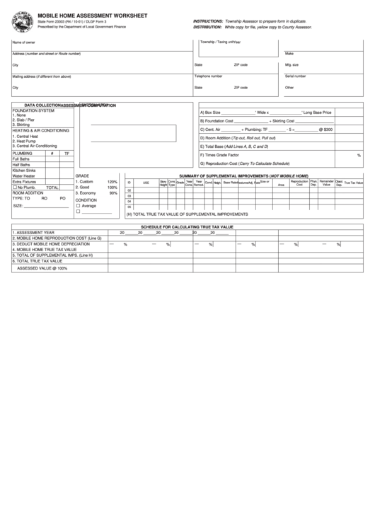 State Form 23303/ Dlgf Form 3 - Mobile Home Assessment Worksheet - 2001 Printable pdf