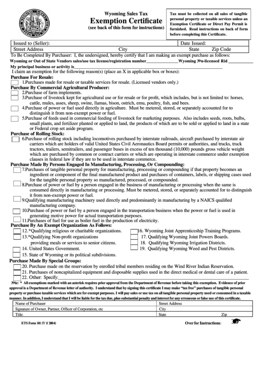 Form 101 - Exemption Certificate - Wyoming Sales Tax (2004) Printable pdf