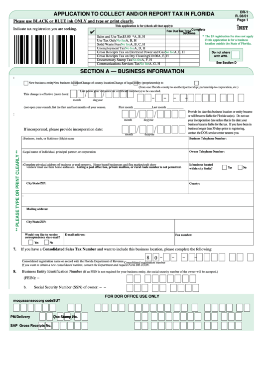 Form Dr-1 - Application To Collect And/or Report Tax In Florida (2001) Printable pdf