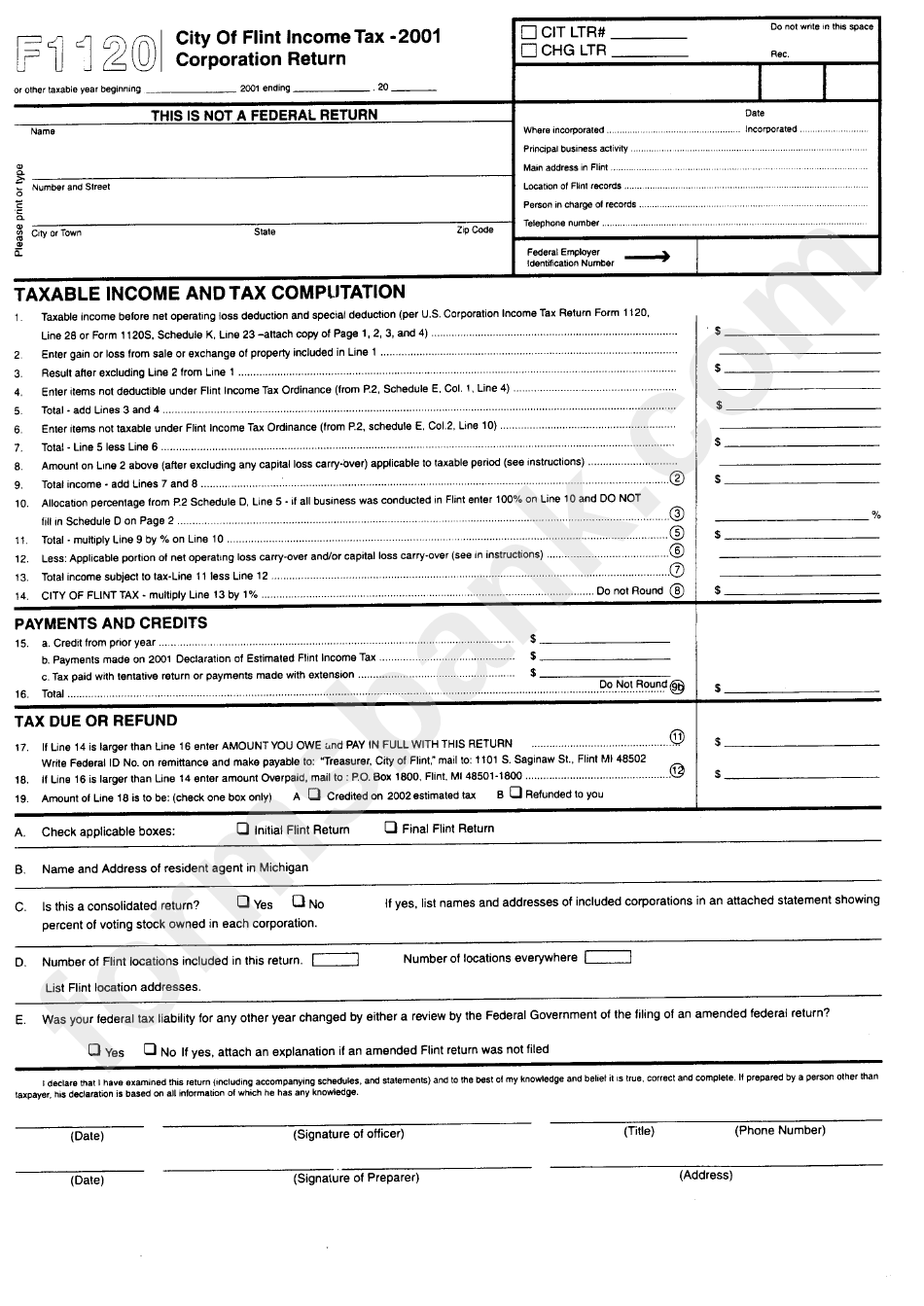 Form F1120 - City Of Flint Income Tax Corporation Return 2001