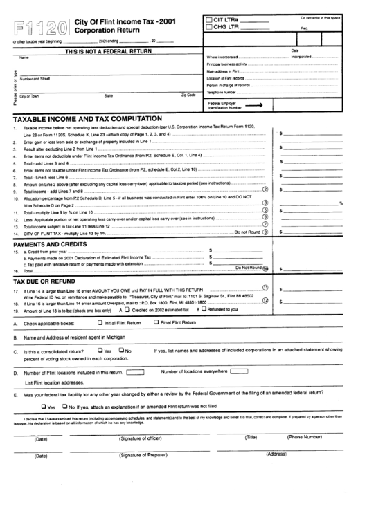 Form F1120 - City Of Flint Income Tax Corporation Return 2001 Printable pdf