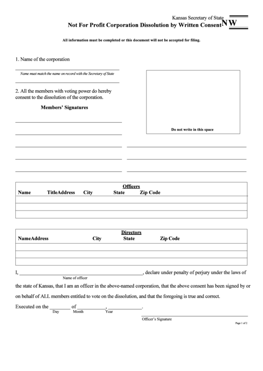 Form Nw - Not For Profit Corporation Dissolution By Written Consent Form Printable pdf
