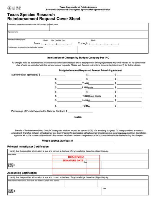 Fillable Form 88-104 - Texas Species Research Reimbursement Request Cover Sheet - Economic Growth And Endangered Species Management Division - Texas Comptroller Of Public Accounts Printable pdf