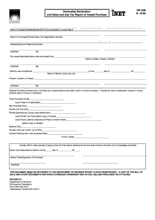 Form Dr-42b - Ownership Declaration And Sales And Use Tax Report Of Vessel Purchase Printable pdf