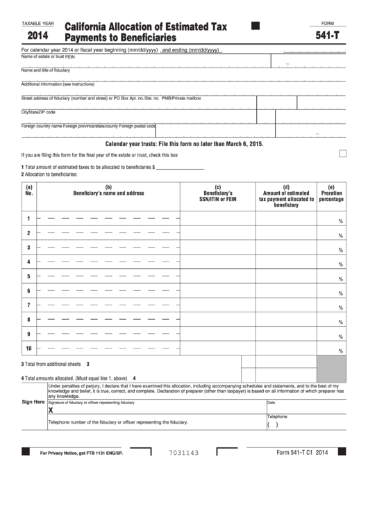 Fillable Form 541-T - California Allocation Of Estimated Tax Payments To Beneficiaries - 2014 Printable pdf