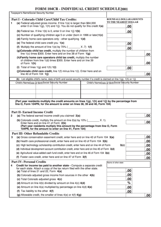 Form 104cr - Individual Credit Schedule 2001 Printable pdf