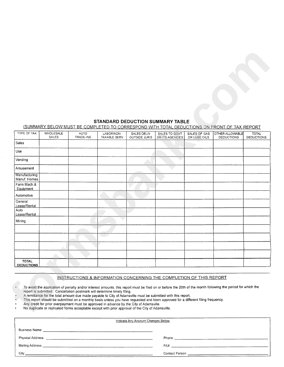 Standard Deduction Summary Table Form
