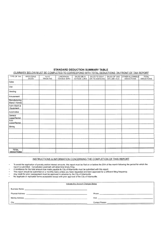 Standard Deduction Summary Table Form Printable pdf