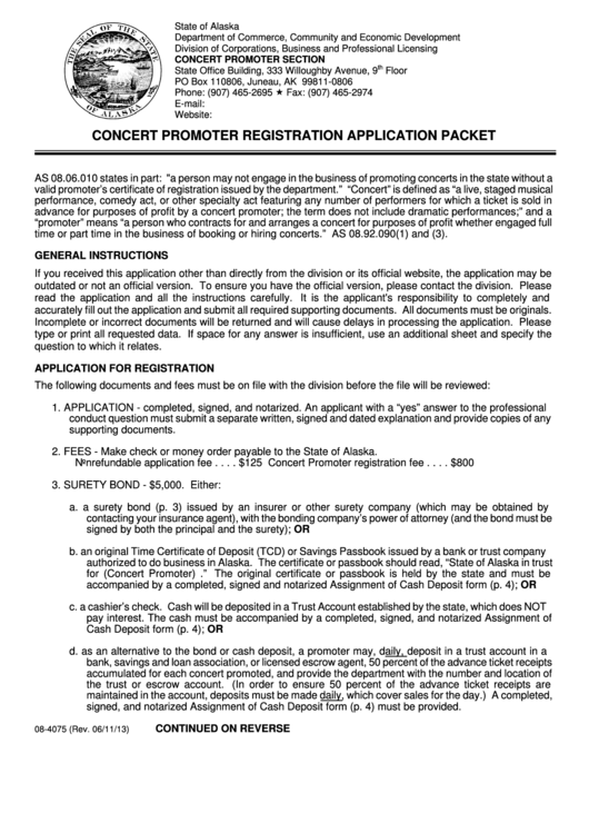 Form 08-4075 - Concert Promoter Registration Application Packet Printable pdf