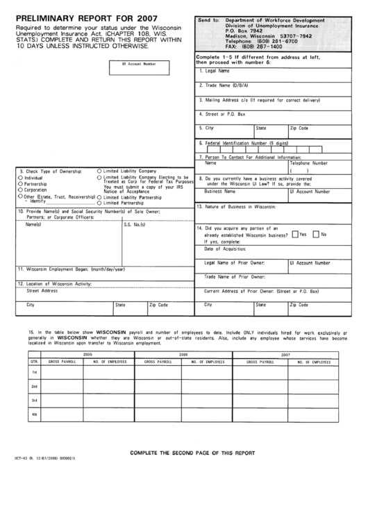 Form Uct-43 - Preliminary Report For 2007 Printable pdf