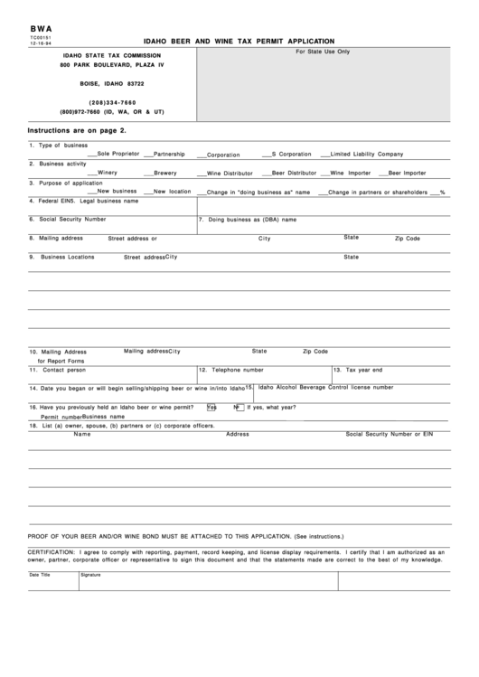 Form Bwa - Idaho Beer And Wine Tax Permit Application - 1994 Printable pdf
