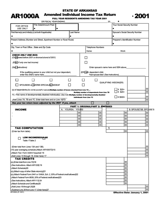 Form Ar1000a - Arkansas Individual Income Tax Amended Return Full Year Resident - 2001 Printable pdf