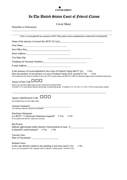 Form 2 - Cover Sheet - The United States Court Of Federal Claims Printable pdf