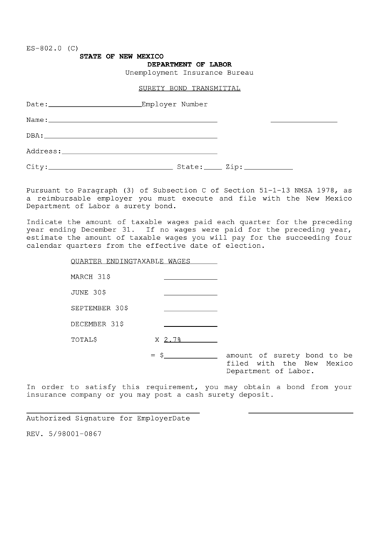 Form Es-802.0 - Surety Bond Transmittal Printable pdf