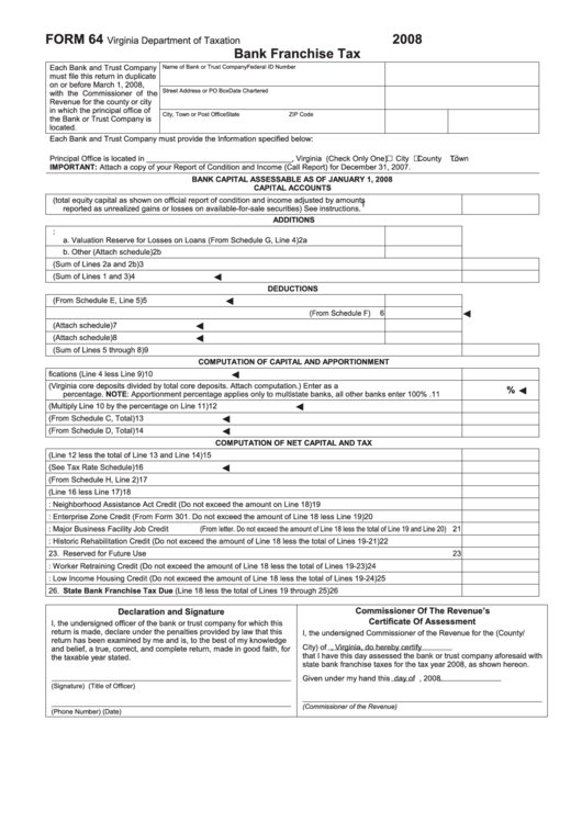 Form 64 - Bank Franchise Tax - 2008 Printable pdf