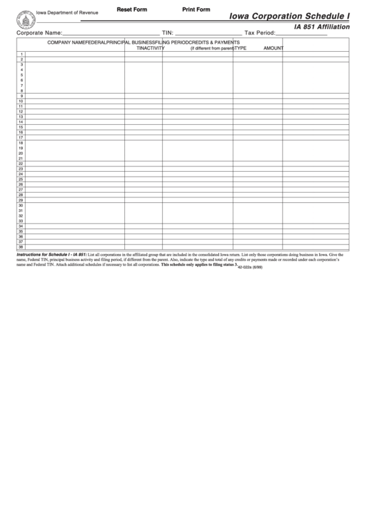 Fillable Form 42-022a - Affiliation - Iowa Corporation Schedule I - 1999 Printable pdf
