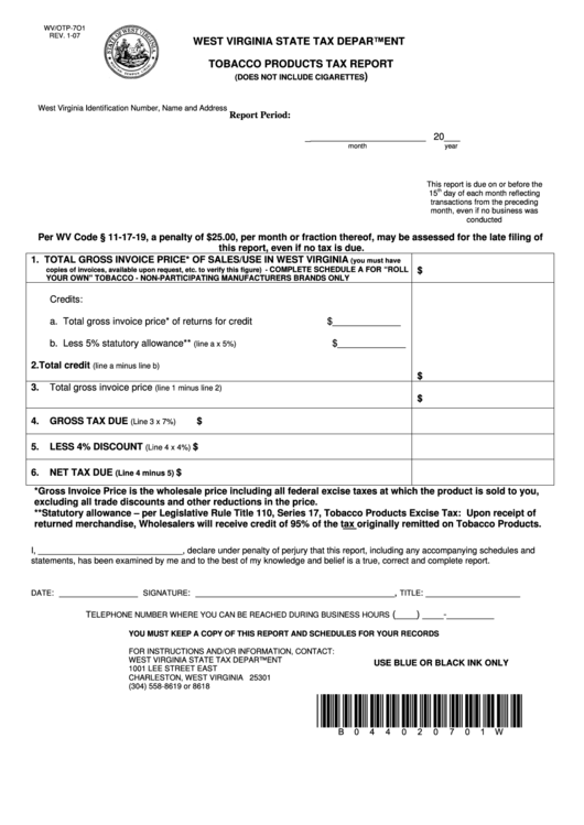 Form Wv/otp-7o1 - Tobacco Products Tax Report Printable pdf