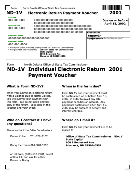 Form Nd-1v - Electronic Return Payment Voucher Form (2001) - North Dakota Office Of State Tax Commissioner Printable pdf