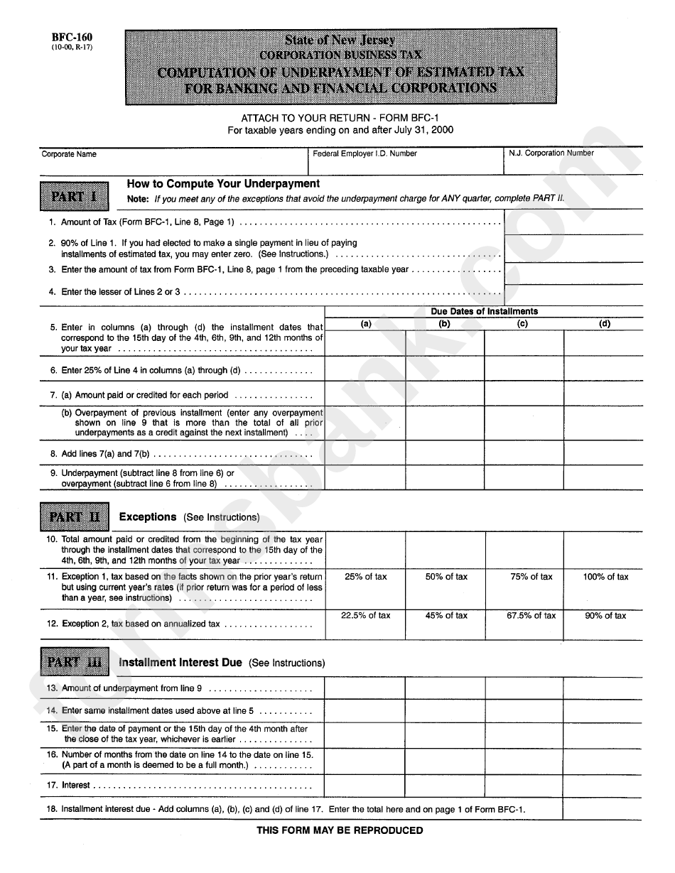 Form Bfc-160 - Computation Of Underpayment Of Estimated Tax For Banking And Financial Corporations Form - State Of New Jersey