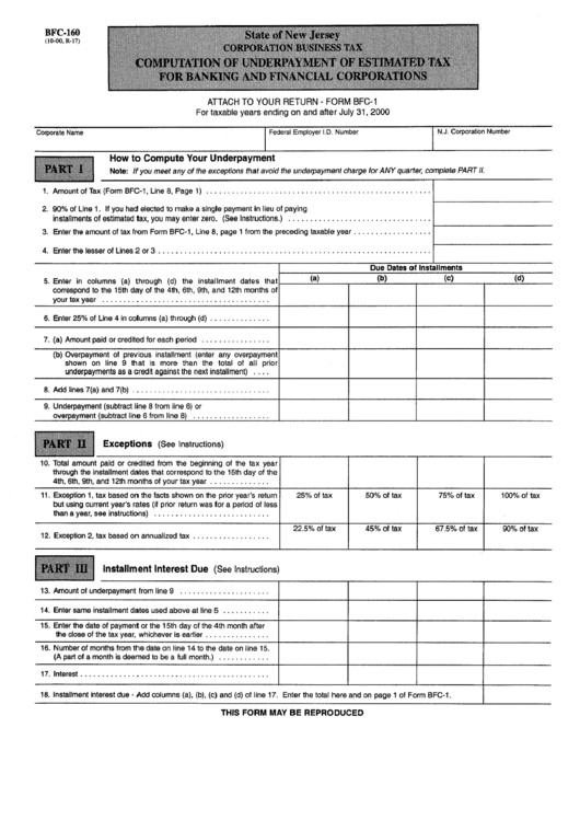 Form Bfc-160 - Computation Of Underpayment Of Estimated Tax For Banking And Financial Corporations Form - State Of New Jersey Printable pdf