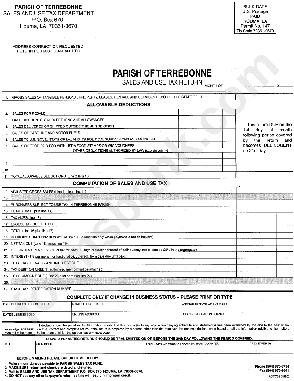 Sales And Use Tax Return Form Parish Of Terebonne Louisiana
