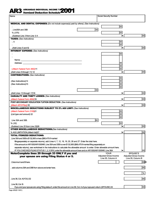 Form Ar3 - Arkansas Individual Income Tax Return - Itemized Deduction Schedule - 2001 Printable pdf