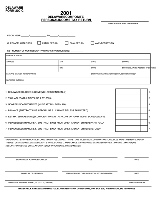 Delaware Form 200-C - Delaware Composite Personal Income Tax Return - 2001 Printable pdf