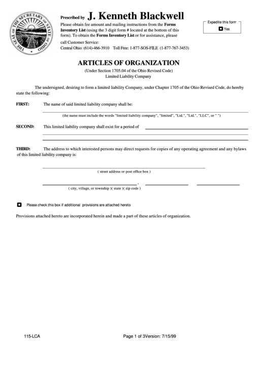 Form 115-Lca - Articles Of Organization - Secretary Of State - Ohio Printable pdf