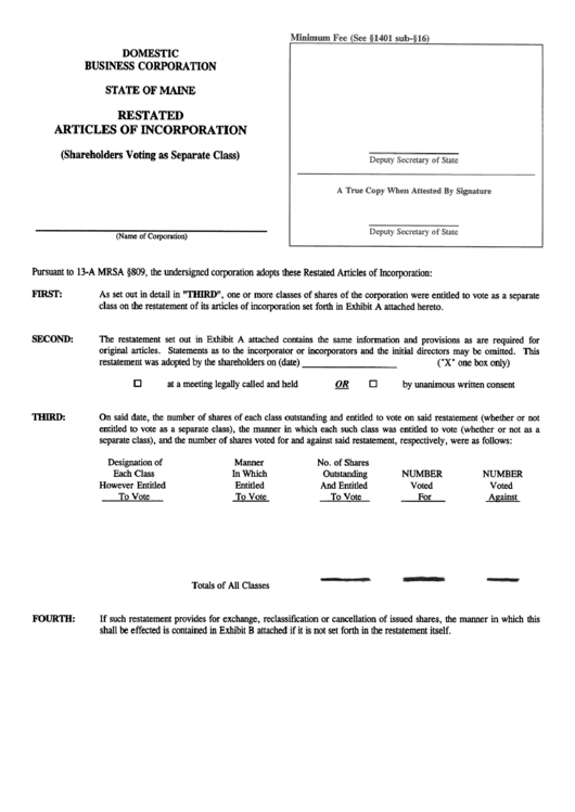 Rest A Ted Articles Of Incorporation Form - State Of Maine Printable pdf