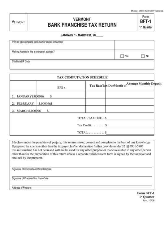 Form Bft-1 - Bank Franchise Tax Return - Vermont Department Of Taxation - Vermont Printable pdf