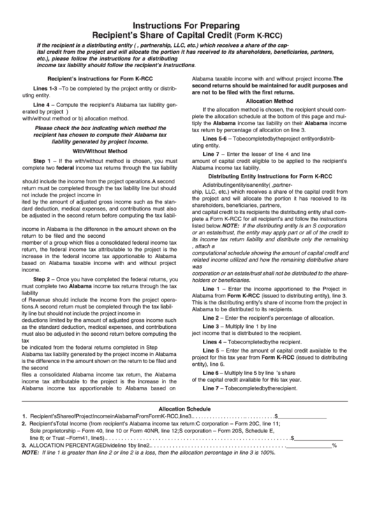 Instructions For Preparing Recipients Share Of Capital Credit (Form K-Rcc) - Alabama Printable pdf