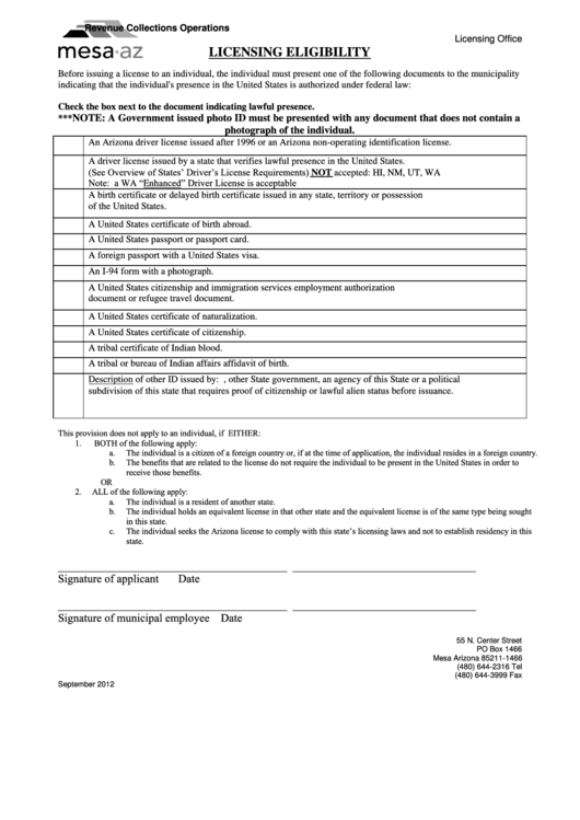 Fillable Licensing Eligibility Forms - City Of Mesa, Arizona - 2012 Printable pdf