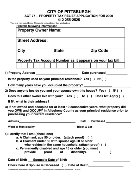 Property Tax Relief Application For 2009 - City Of Pittsburgh Printable pdf