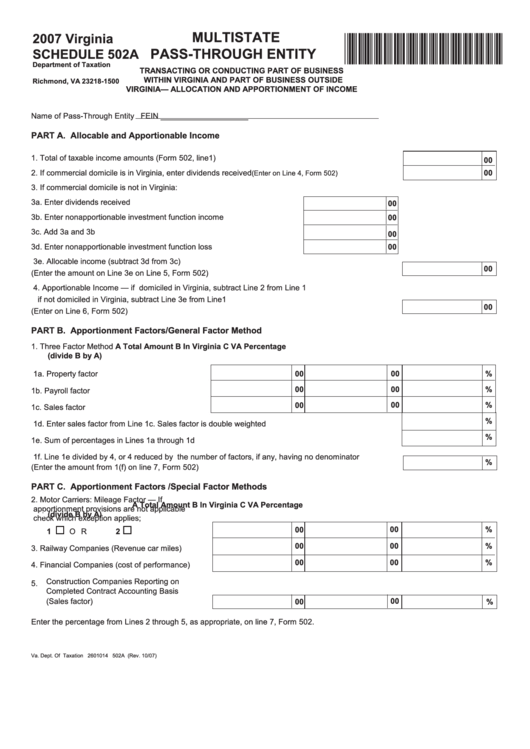 Schedule 502a - Multistate Pass-Through Entity - 2007 Printable pdf