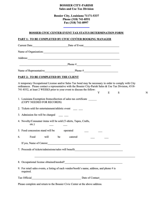 Bossier Civic Center Event Tax Status Determination Form - Bossier City-Parish Sales And Use Tax Division Printable pdf