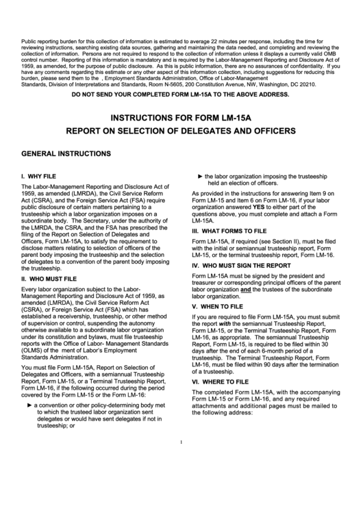 Instructions For Form Lm-15a Report On Selection Of Delegates And Officers Printable pdf