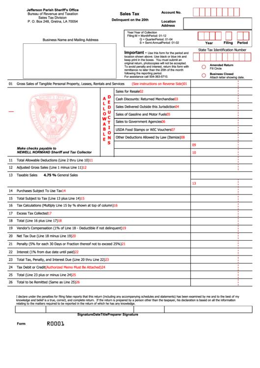 Form 0001 R - Sales Tax Form - Bureau Of Revenue And Taxation - Grenta - Louisiana Printable pdf